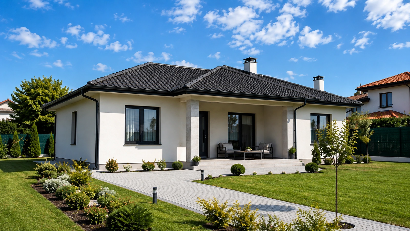 Bahçeyle bütünleşen tek katlı hafif çelik ev dış cephe modeli