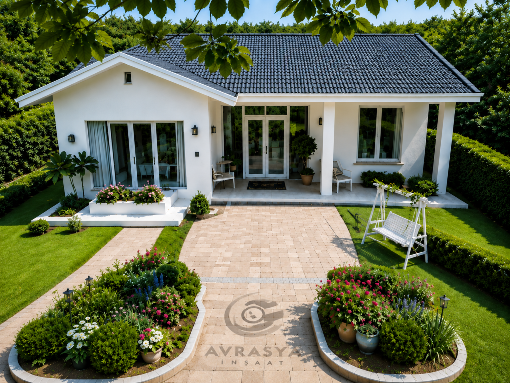 Avrasya İnşaat prefabrik ev yarı kuş bakışı ön cephe görünümü