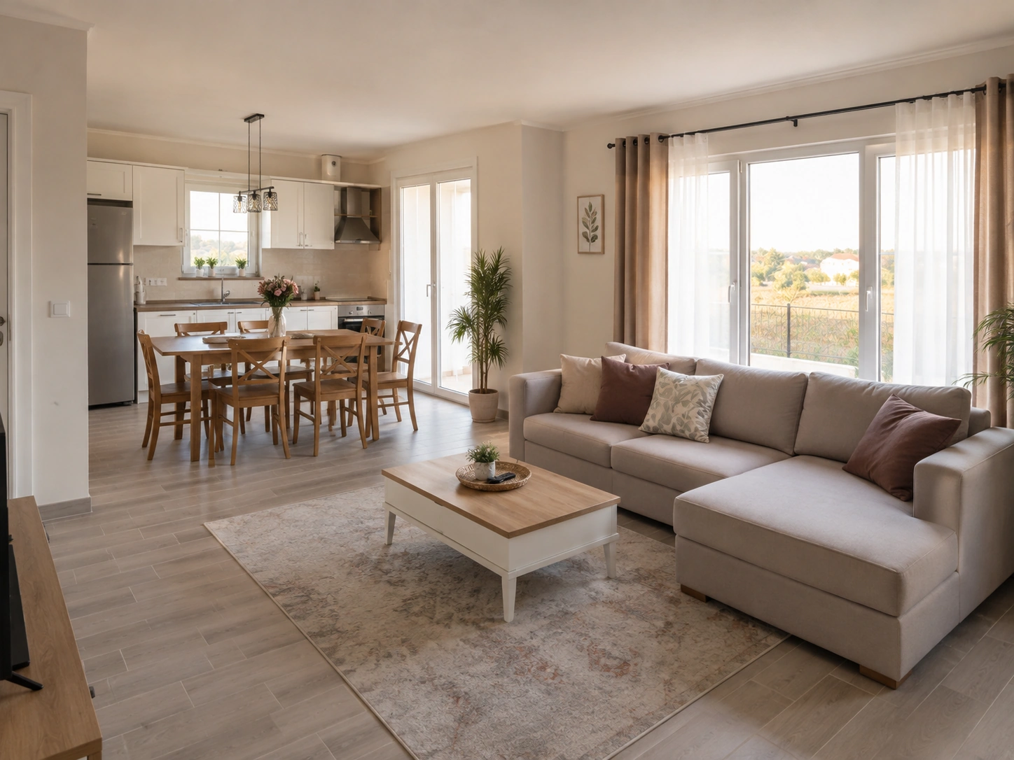Prefabrik villa salon ve açık plan iç yaşam alanı